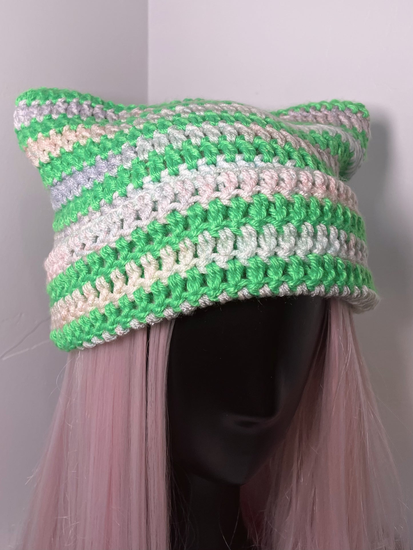 Lime Green + Pastel Rainbow Cat Ear Beanie