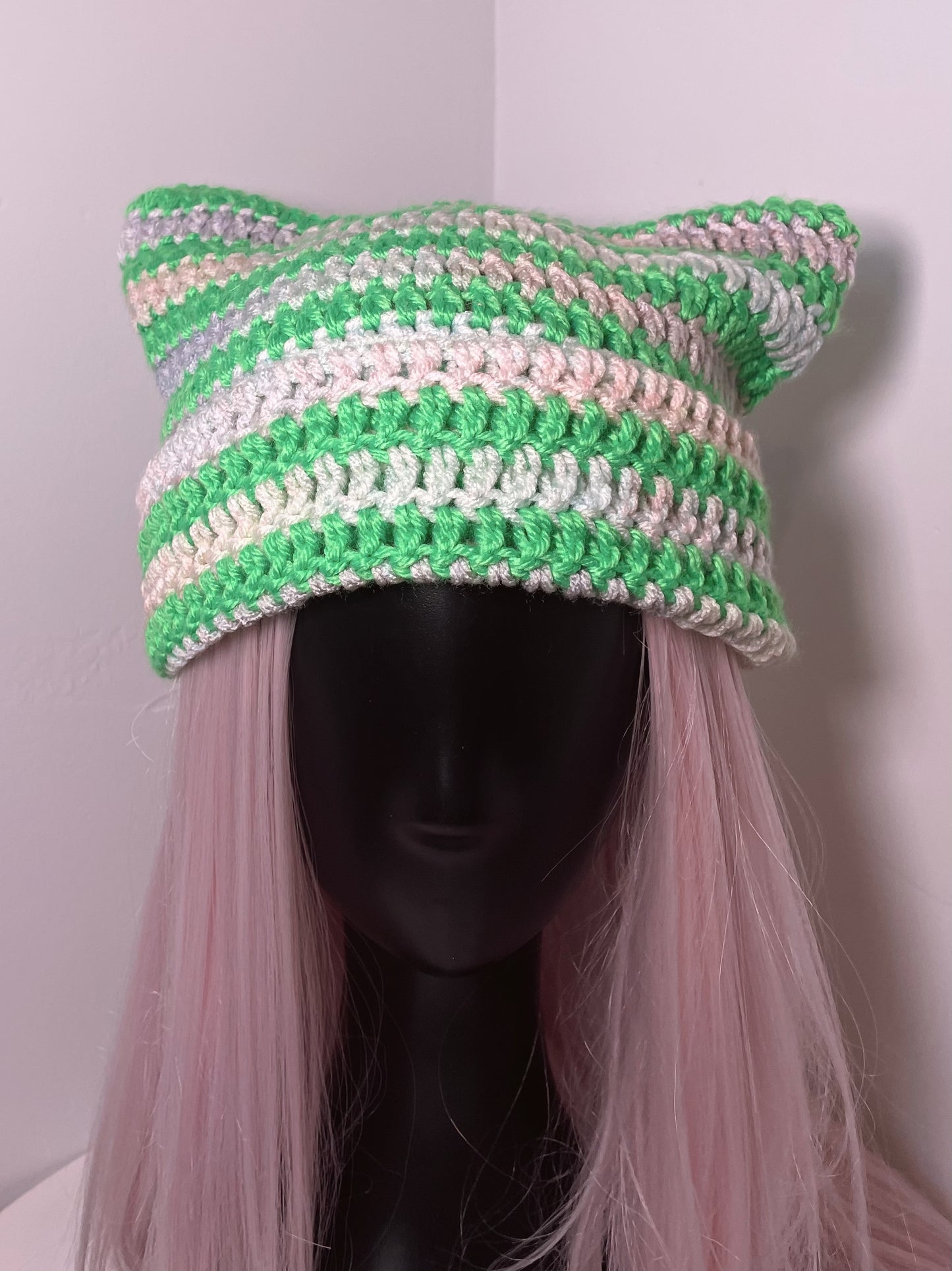 Lime Green + Pastel Rainbow Cat Ear Beanie