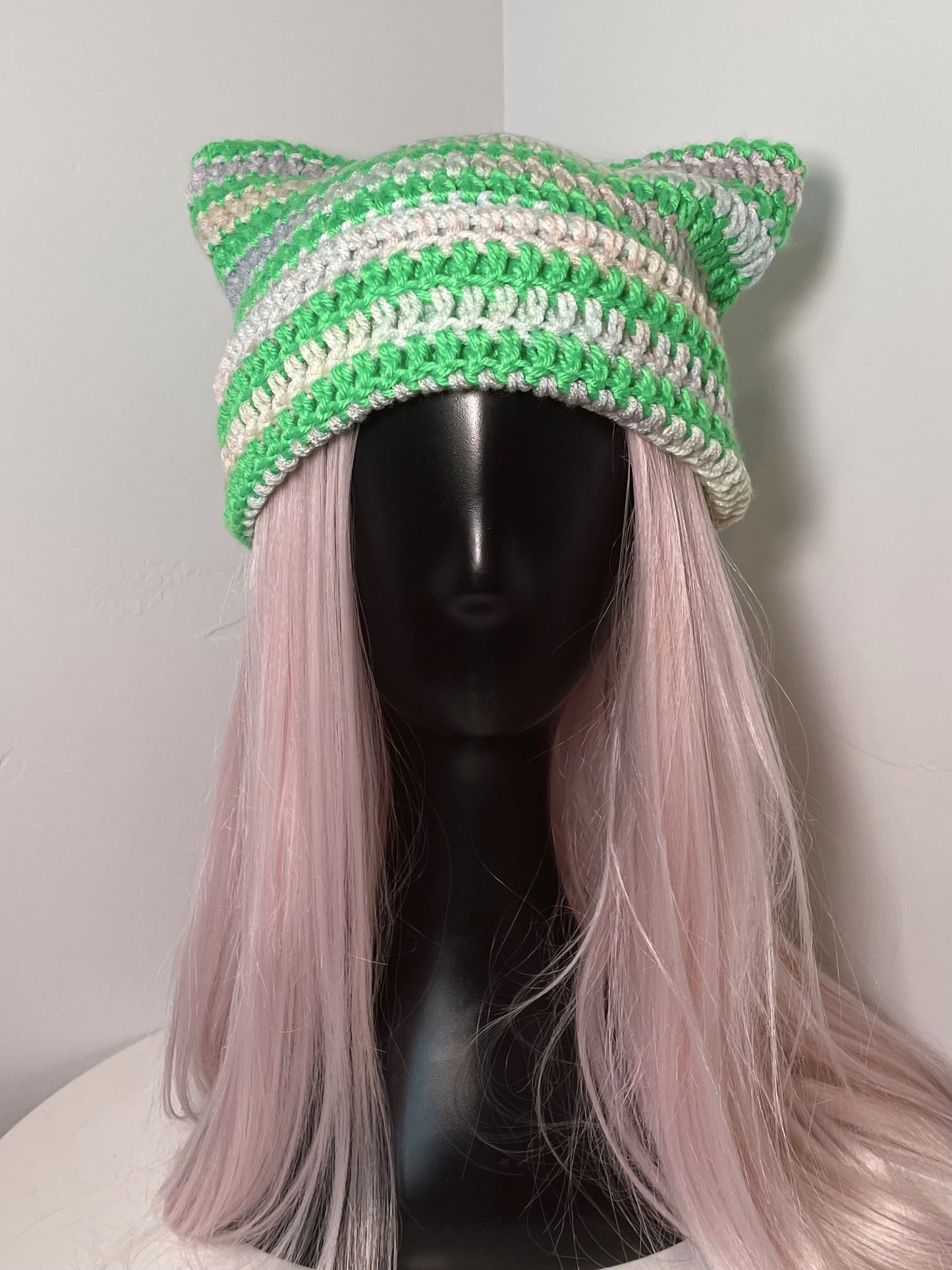 Lime Green + Pastel Rainbow Cat Ear Beanie
