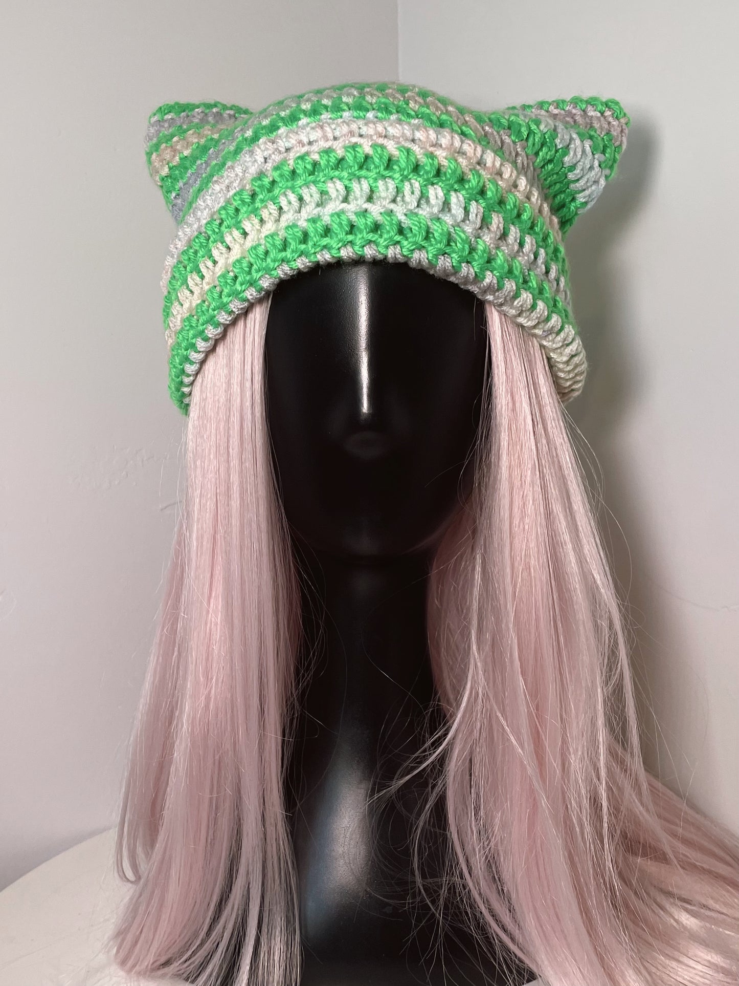 Lime Green + Pastel Rainbow Cat Ear Beanie
