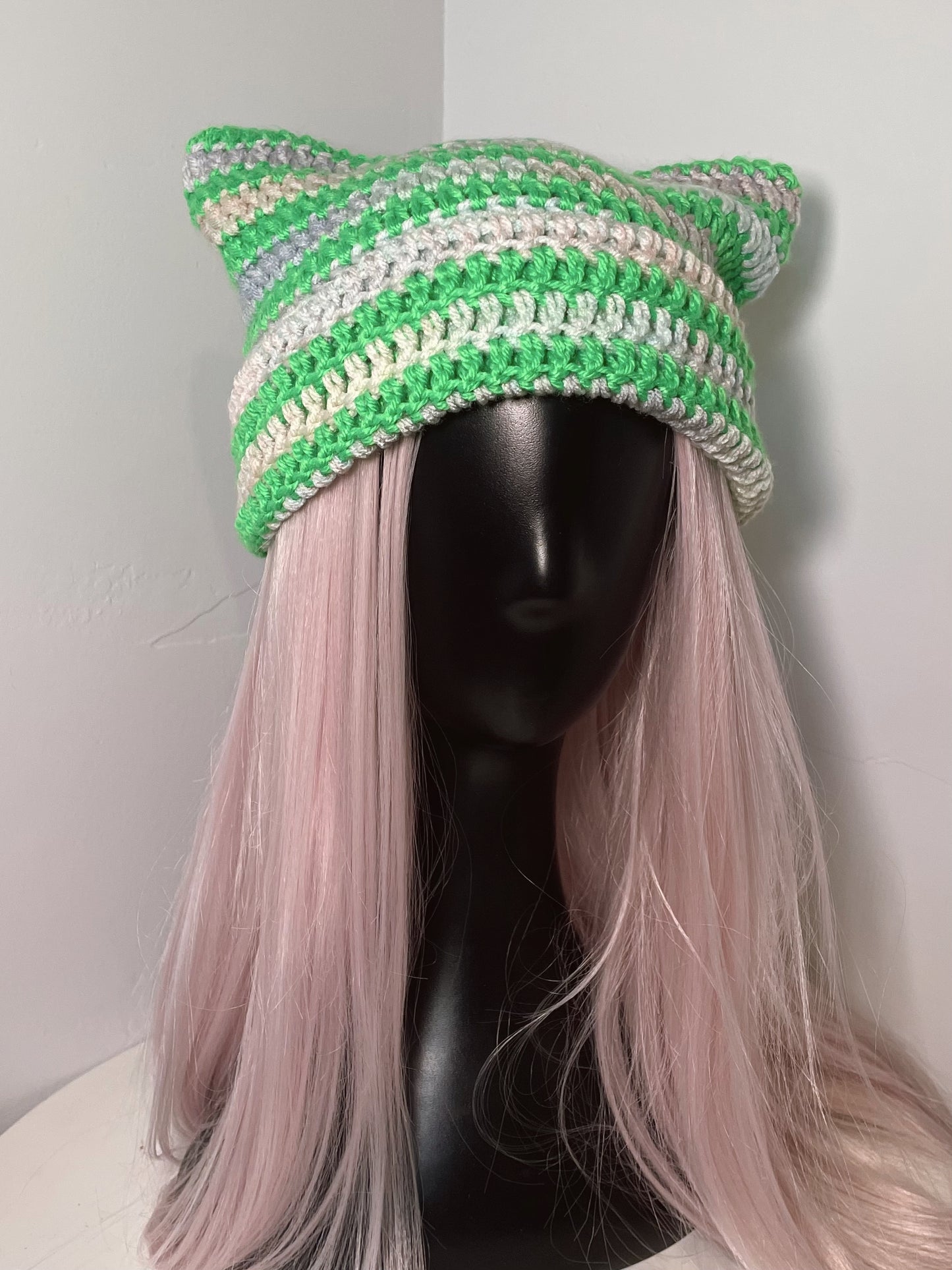 Lime Green + Pastel Rainbow Cat Ear Beanie