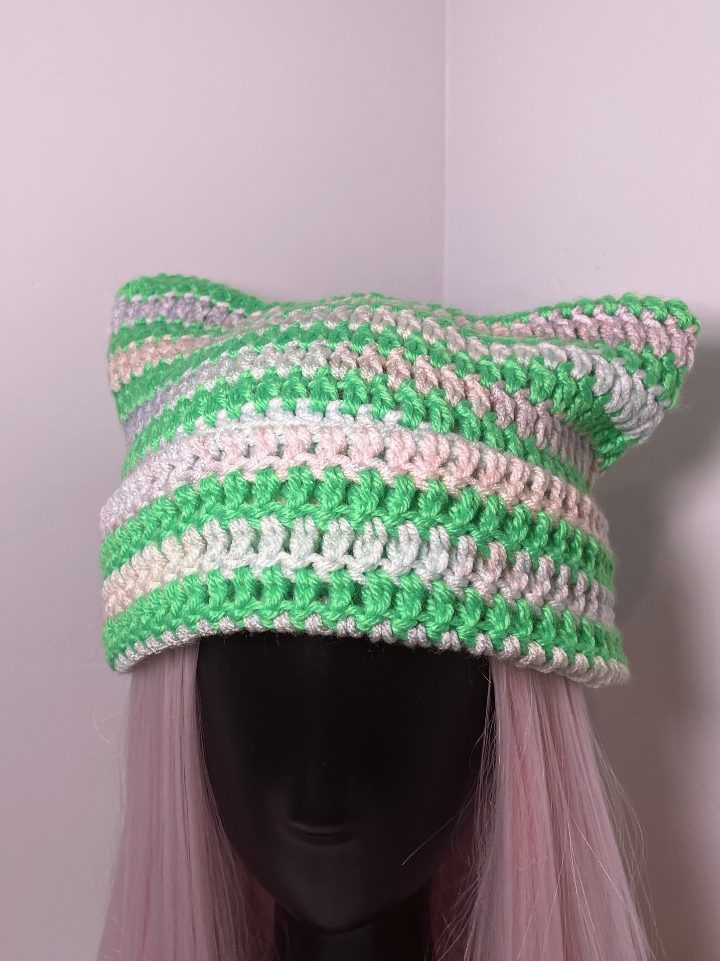 Lime Green + Pastel Rainbow Cat Ear Beanie